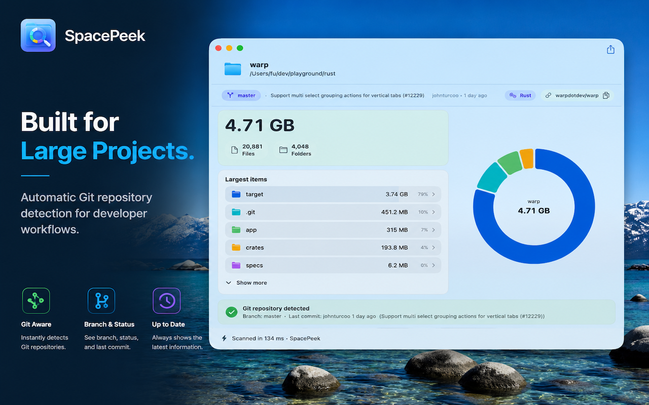 SpacePeek poster showing large project folder analysis