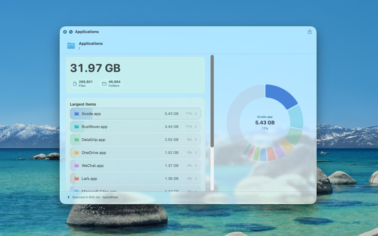 SpacePeek displaying total size and item counts for a selected folder