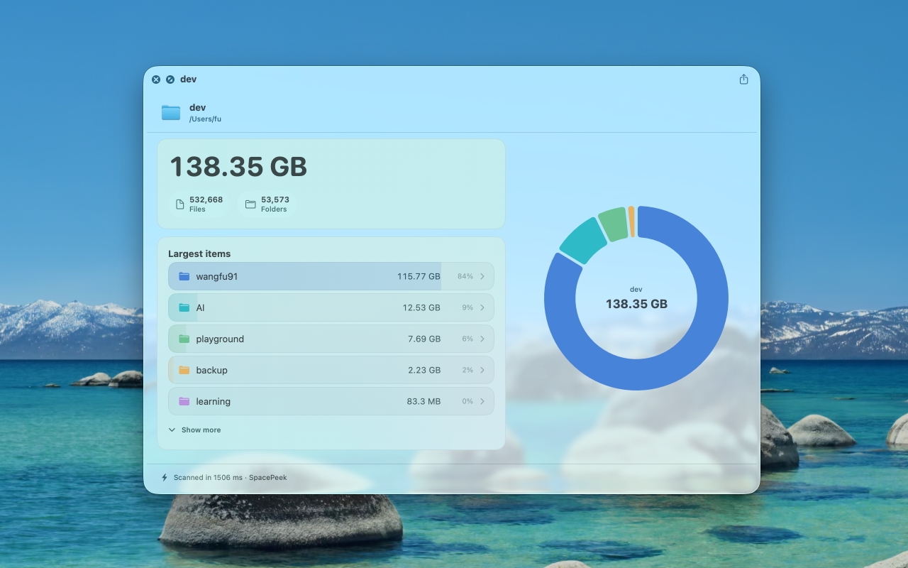 SpacePeek highlighting the largest files and folders inside a folder preview