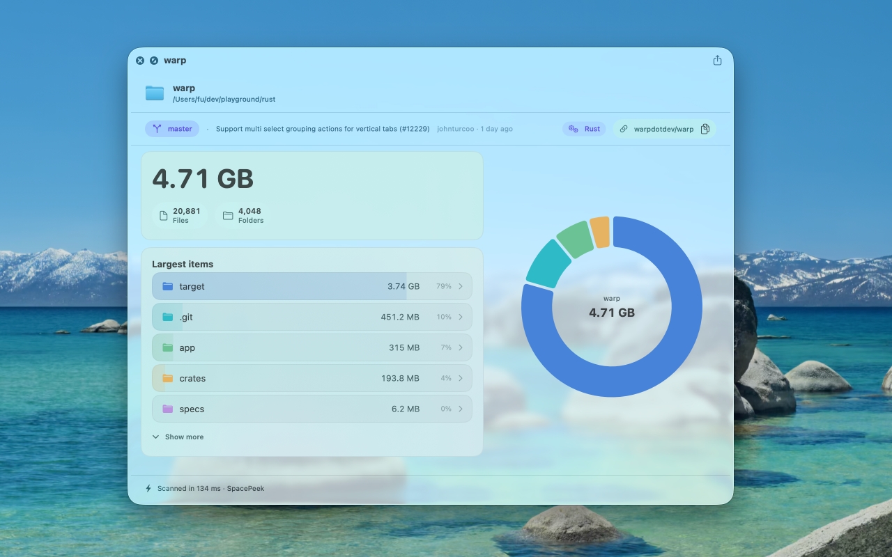 SpacePeek showing polished macOS interface details for disk usage preview