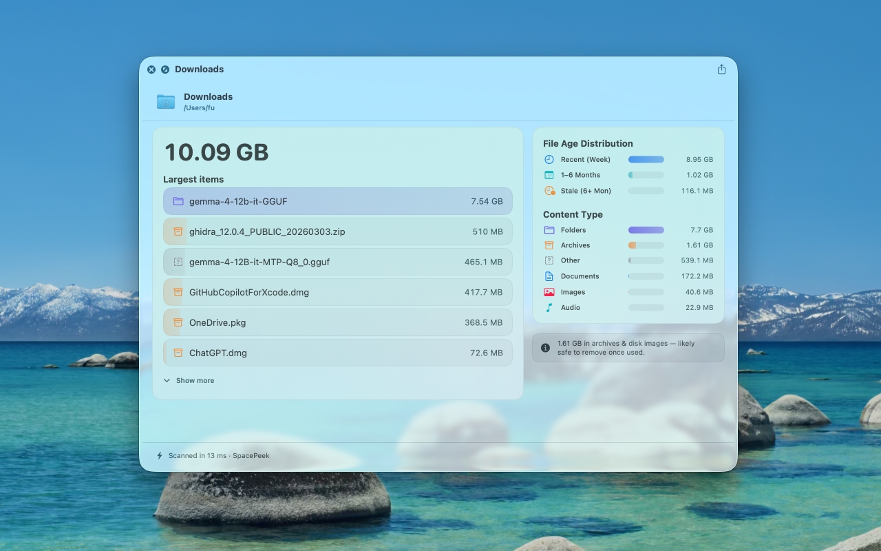 SpacePeek presenting a folder summary with visual storage insight and counts